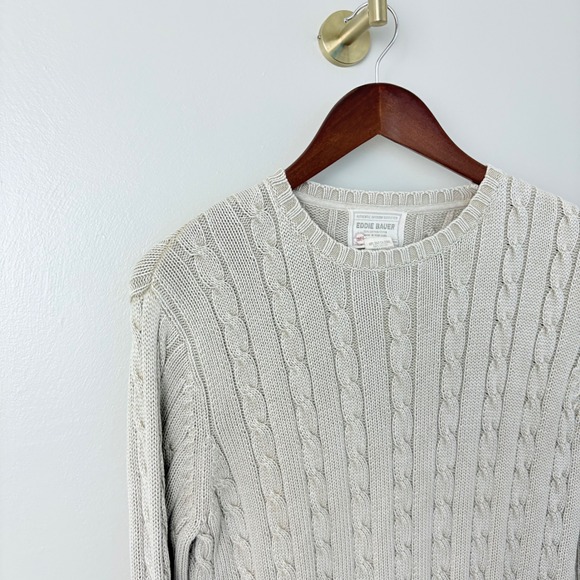 VTG‎ Eddie Bauer Cotton Sweater Fisherman Beige Cable Knit Men's L Classic TSITP - Picture 4 of 10